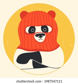 Funny panda wearing balaclava ski mask. Hipster bear dressed as a robber with a colorful thief mask. Isolated print for T-shirt, poster, mug, and for cricut.