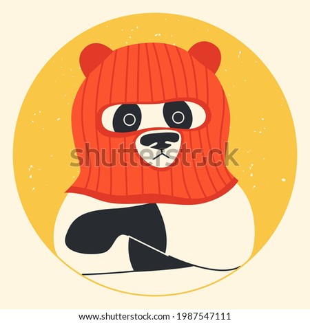 Funny panda wearing balaclava ski mask. Hipster bear dressed as a robber with a colorful thief mask. Isolated print for T-shirt, poster, mug, and for cricut.