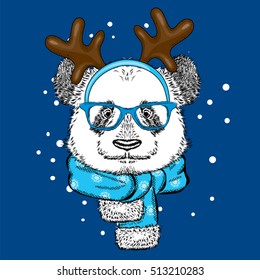 Funny panda wearing glasses and with horns. Bear in deer costume. Vector illustration for a card or poster, print on clothes. New Year's and Christmas.