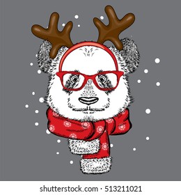 Funny panda wearing glasses and with horns. Bear in deer costume. Vector illustration for a card or poster, print on clothes. New Year's and Christmas.