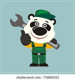 Funny panda in wearing overalls with the large wrench on her shoulder. Mechanic in cartoon style shows like.