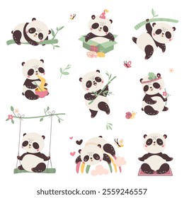 Funny pandas. Cartoon panda eating, sleeping, resting. Asian exotic animal dreaming and holding bamboo. Children birthday mascot, nowaday vector set