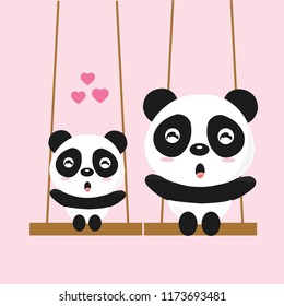 Funny pandas cartoon playing swing. vector illustration.