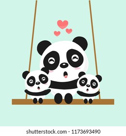 Funny pandas cartoon playing swing. vector illustration.
