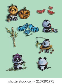 Funny Pandas at different moments of their life. Vector