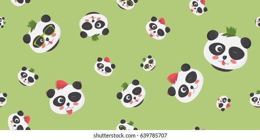 Funny pandas vector seamless pattern: cute panda bear faces with punk or hipster haircuts on a light green background. Great as cloth print, textile or fabric printing, cover or wrapping paper design