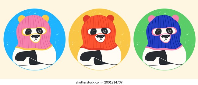 Funny Pandas Wearing Balaclava Ski Mask. Hipster Bears Dressed As A Robber With A Colorful Thief Mask. Isolated Print For T-shirt, Poster, Mug, And For Cricut.