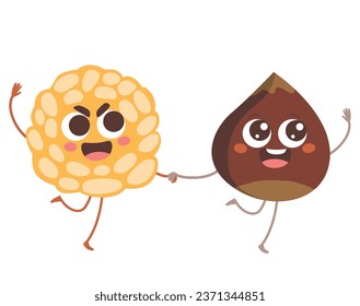Funny panellet and chestnut friends walking together vector illustration. Happy food characters isolated in white background