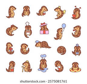 Funny pangolin scaly cartoon set showcasing delightful characters in various emotions and poses, ncluding smiling, from celebrating birthdays to enjoying donut and holding balloon.