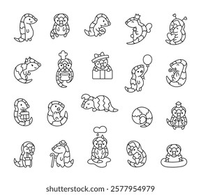 Funny pangolin scaly cartoon set showcasing delightful characters in various emotions and poses, ncluding smiling, from celebrating birthdays to enjoying donut and holding balloon.