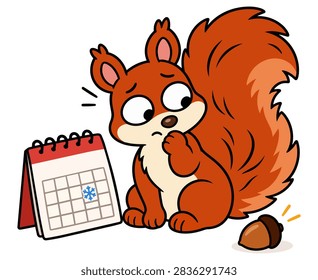 Funny panicked squirrel checking a calendar with an acorn.