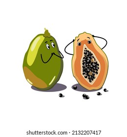 Funny papaya character design vector illustration isolated on white in flat technique 