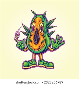 Funny papaya fruit smoke cannabis joint illustrations vector illustrations for your work logo, merchandise t-shirt, stickers and label designs, poster, greeting cards advertising business 