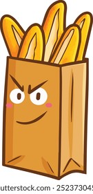 Funny paper bag cartoon character with loaf in it