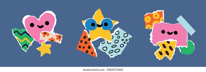 Funny paper collages. Torn patterned pieces of cardboard. Colorful elements with ragged edges. Bright compositions. Scrapbooking shapes. Abstract doodle stickers. Garish