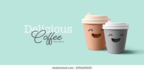 Funny paper cups with coffee, emoji, 3D. Delicious coffee to go, for friends, a fun break. Modern banner. Vector illustration.