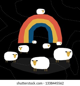 Funny paper cut sheepcard template. Abstract creative sheep and rainbow illustration for design childish poster, birthday card, veterinaryan clinic advertising, invitation, pet shop sale etc. 