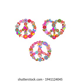 Funny paper cutting colorful hippie peace symbol variation set with flower-power, fly agaric, paisley, butterflies, peace and love word and  rainbow for t-shirt, bag design, fashion print 