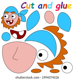 Funny papercraft printable worksheet for kids with pirate vector illustration. Educational cut and glue game for children - make your own cartoon pirate character