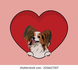 Funny papillon dog hanging with paws in a big Valentine's day heart. Love heart with pet head and heart and footprint. Dog face Holding Pink Heart Cartoon Icon art. St Valentine's day for dog funs.