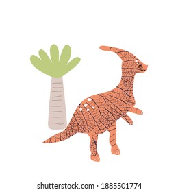 Funny Parasaurolophus and palm tree. Kids graphic. Vector hand drawn illustration.