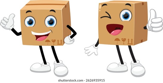 Engraçado pacote e caixa de entrega personagens de desenhos animados, isolados em fundos brancos