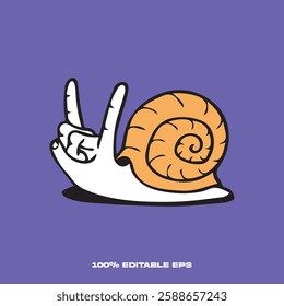 Funny parody snail rock. Cute snail cartoon clipart. Snail vector illustration in flat style. Hand-drawn wild animal concept