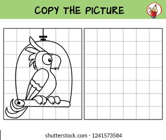 Funny parrot. Copy the picture. Coloring book. Educational game for children. Cartoon vector illustration