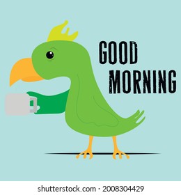Loro gracioso con una taza de café en la mano, buenos días