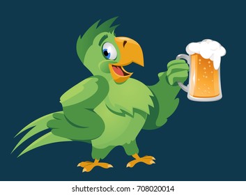 Funny parrot giving a toast with a mug of beer. Oktoberfest Party or just a weekend. On dark background. Cartoon styled vector illustration. No transparent objects. 