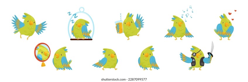 Funny Parrot with Green Feathers in Different Activities Vector Set