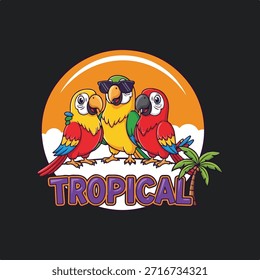 Engraçado grupo de papagaios desenho animado vetor ilustração para design de férias tropicais
