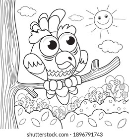 Funny parrot on a branch coloring book for children