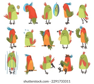 Funny Parrot Perching, Looking in Mirror and Sitting in Cage Big Vector Set