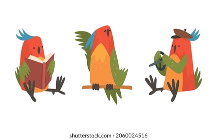 Funny Parrot Perching, Reading Book and Holding Steering Wheel Vector Set