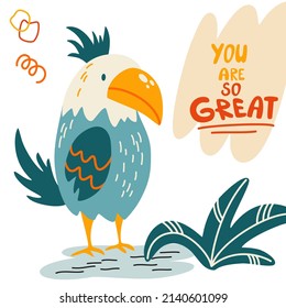 Funny Parrot. Plant and Lettering. Exotic bird. Children's Cartoon Vector illustration for postcards, posters, designing children's clothing.