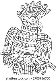 Funny parrot sits on a branch coloring page for kids and adultd pastime. Jungle animal detailed coloring. Black outline exotic bird isolated on white stock vector illustration. One of a series.
