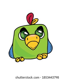 Funny parrot, vector children's illustration on a white isolated background. For banners, postcards and stickers,