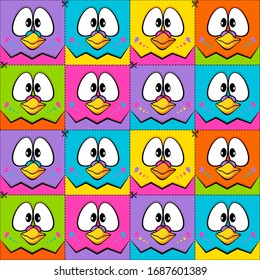 Die Sonne zerbricht ein großes Gesichtsmuster. С farbenfrohe Budgies Quadrate Design für Cover, Umhüllung, Gewebe, Textilien.