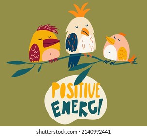Funny Parrots. Lettering. Exotic bird. Children's Cartoon Vector illustration for postcards, posters, designing children's clothing.