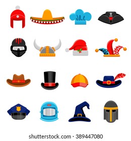 Funny party costume historical and professional headwear flat icons set with cosmonaut spacesuit abstract isolated vector illustration