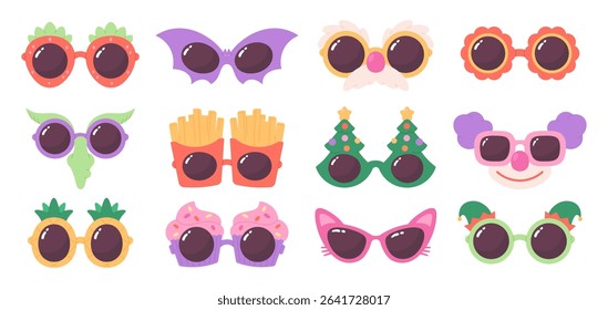 Funny party glasses. Different carnival eyewear, glasses for birthday, christmas and new year, fast food festival. Quirky accessories, racy vector set