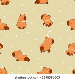 Funny party with happy capybaras and stars