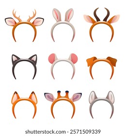 Funny party headbands. Animal horns and ears, photo booth props, cartoon kids birthday head accessories, cute masquerade elements, festive carnival costume, horns and ears vector isolated set