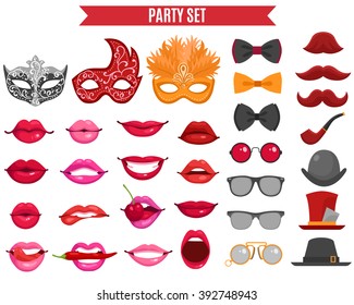 Funny party icons set of mask for masquerade fake mustache tie butterfly and women lips  in retro style flat isolated vector illustration
