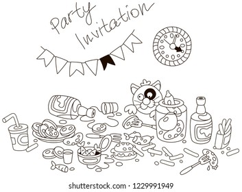 Funny party invitation card with an amusing tipsy cat and a table with drinks and appetizers after a shindig. Black and white vector illustration in a cartoon style