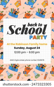 Funny party invitation with retro groovy characters. Back to school and education concept. Contemporary vector illustration.