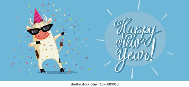 Funny Party Ox Celebrating New Year Vector Cartoon. Dancing bull mascot having fun banner design
