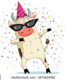 Funny Party Ox Dabbing Vector Cartoon. Dancing bull mascot logo character design 
