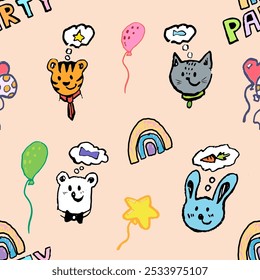 Funny party pattern with animals and balloons. Vector hand draw with texture, nice colors new doodle style. Cute animals